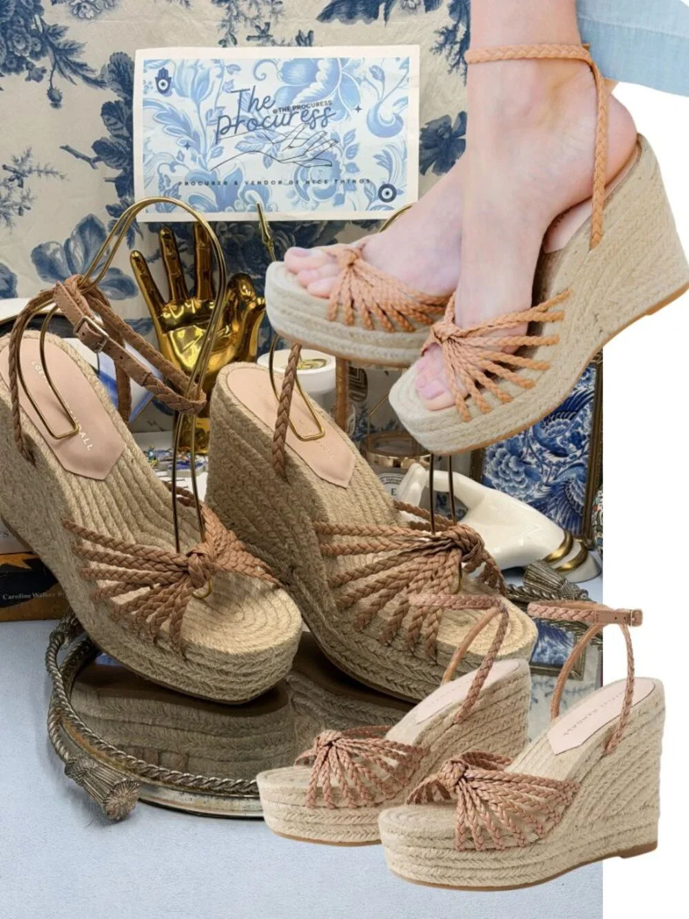 🆕 LOEFFLER RANDALL 🧿 NWOB Pamela Mignon Knot Braid Leather Wedge, Dune - Sz 9